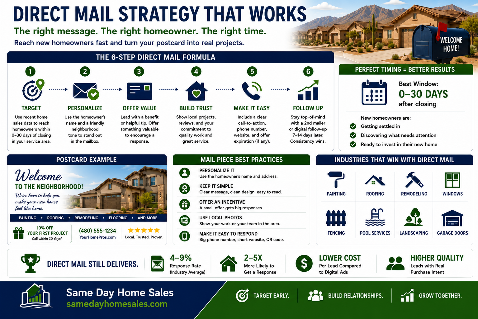Direct mail marketing strategy for contractors using recently sold home data to reach new homeowners.
