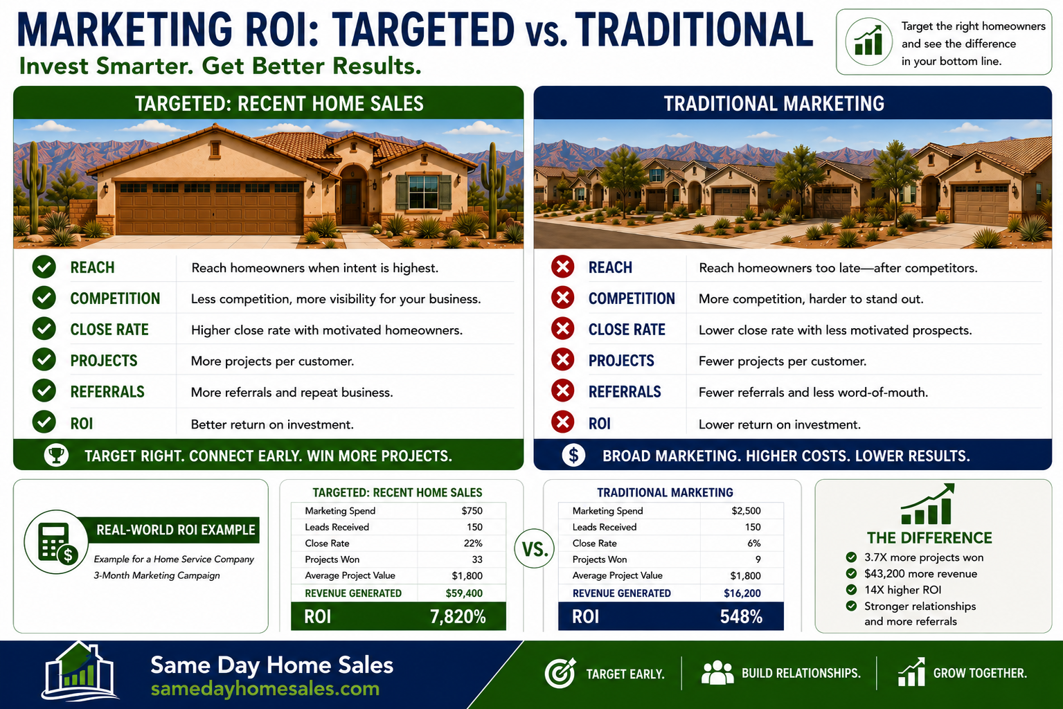 Marketing ROI comparison showing higher response rates from recent home sales leads versus traditional advertising.