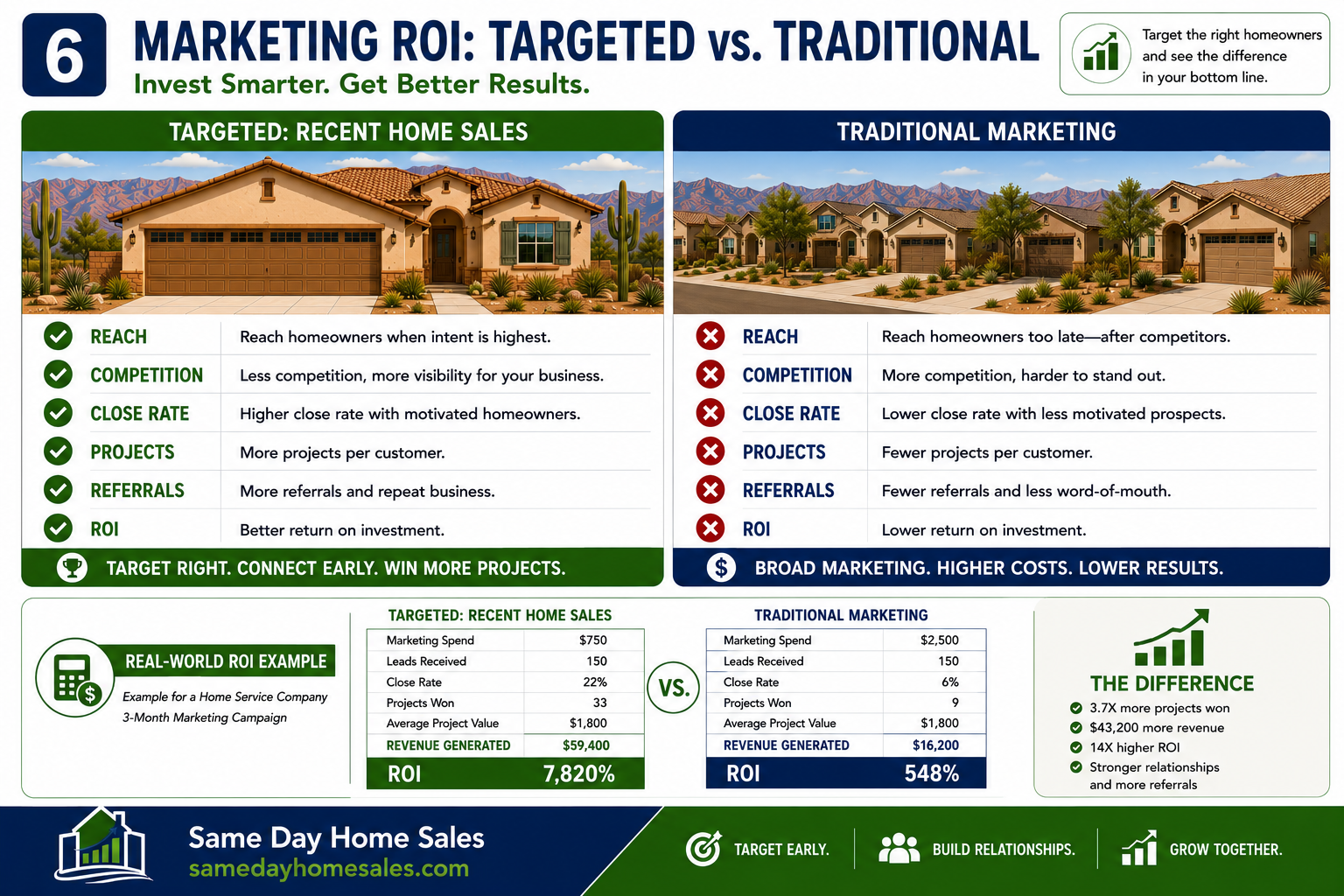 Marketing ROI comparison showing higher response rates from recent home sales leads versus traditional advertising.