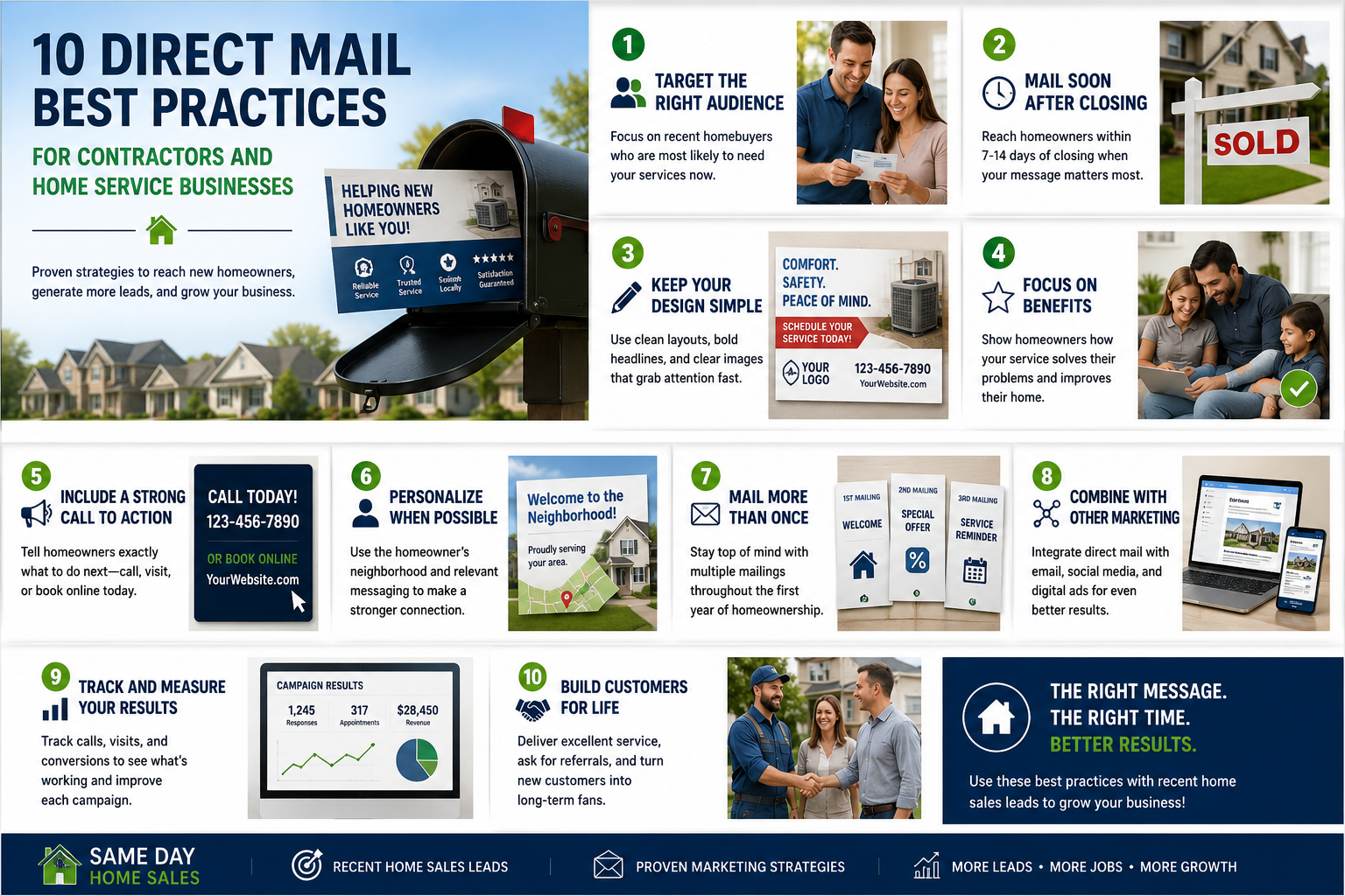 10 Direct Mail Best Practices infographic for contractors and home service businesses using recent home sales leads to reach new homeowners, generate qualified leads, and improve marketing ROI.