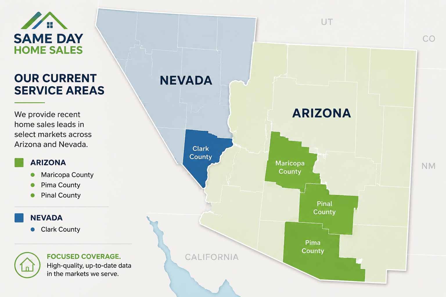 Available markets map highlighting Maricopa, Pinal, and Pima counties in Arizona and Clark County, Nevada, where Same Day Home Sales provides recent home sales leads for contractors and home service businesses.