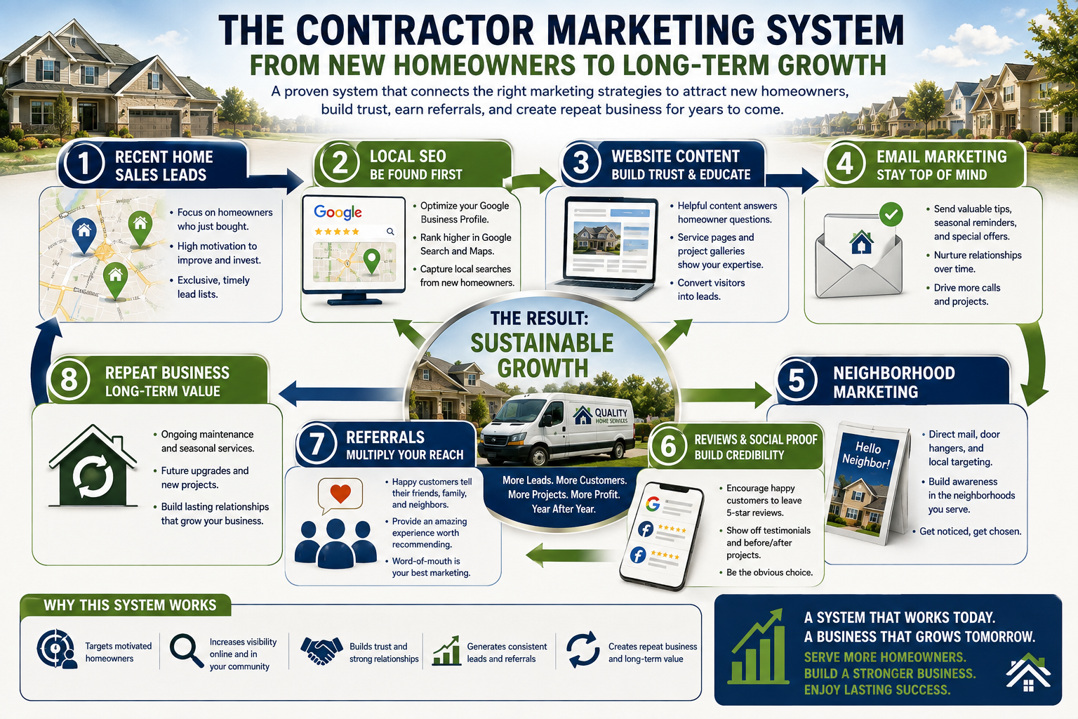 Infographic illustrating how recent home sales leads, local SEO, website content, email marketing, neighborhood marketing, reviews, referrals, and repeat business work together to create long-term contractor growth.