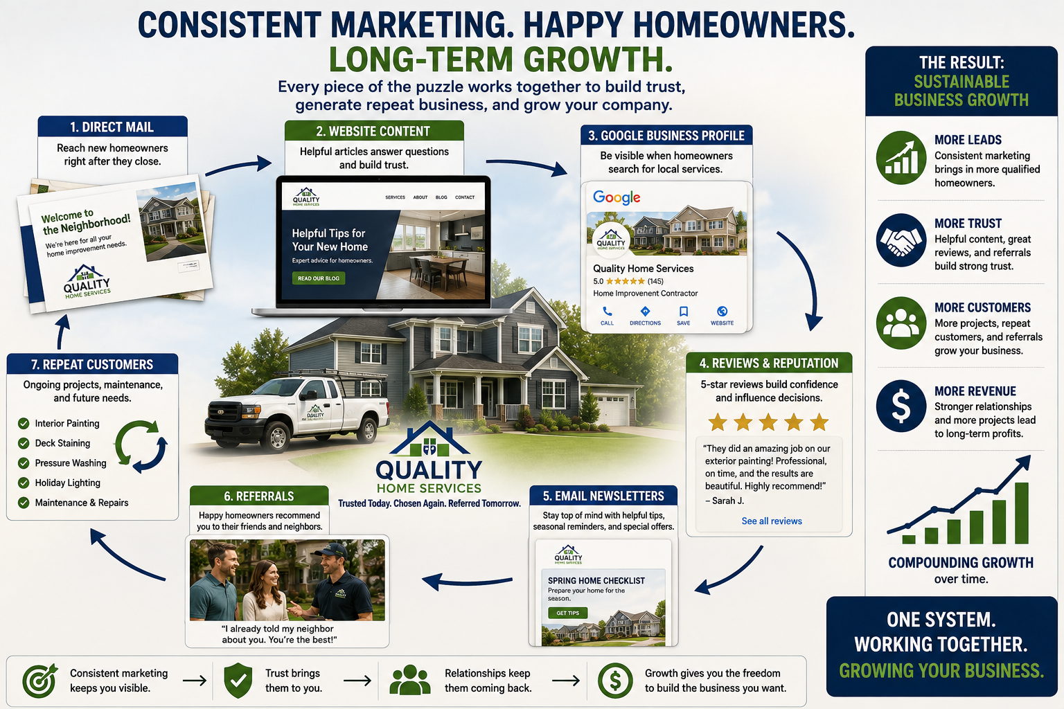 Illustration showing direct mail, website content, Google Business Profile, reviews, email newsletters, referrals, and repeat customers working together to create long-term contractor growth.