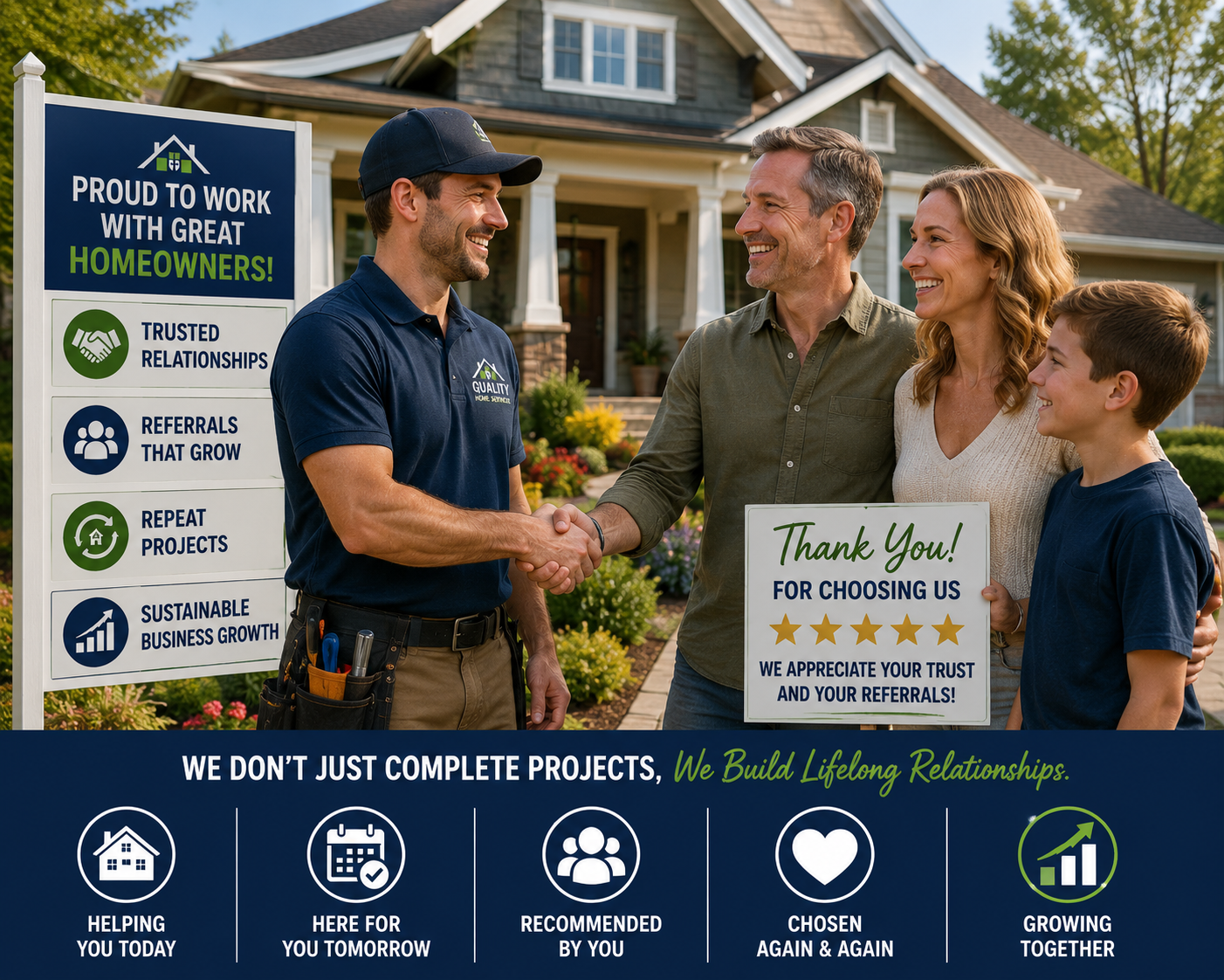 Professional contractor standing with satisfied homeowners in front of a beautifully maintained home, representing long-term customer relationships, referrals, repeat projects, and sustainable business growth.