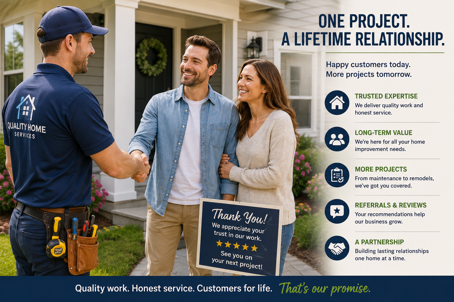 Professional contractor shaking hands with satisfied homeowners after completing a project, representing long-term customer relationships and future home improvement opportunities.