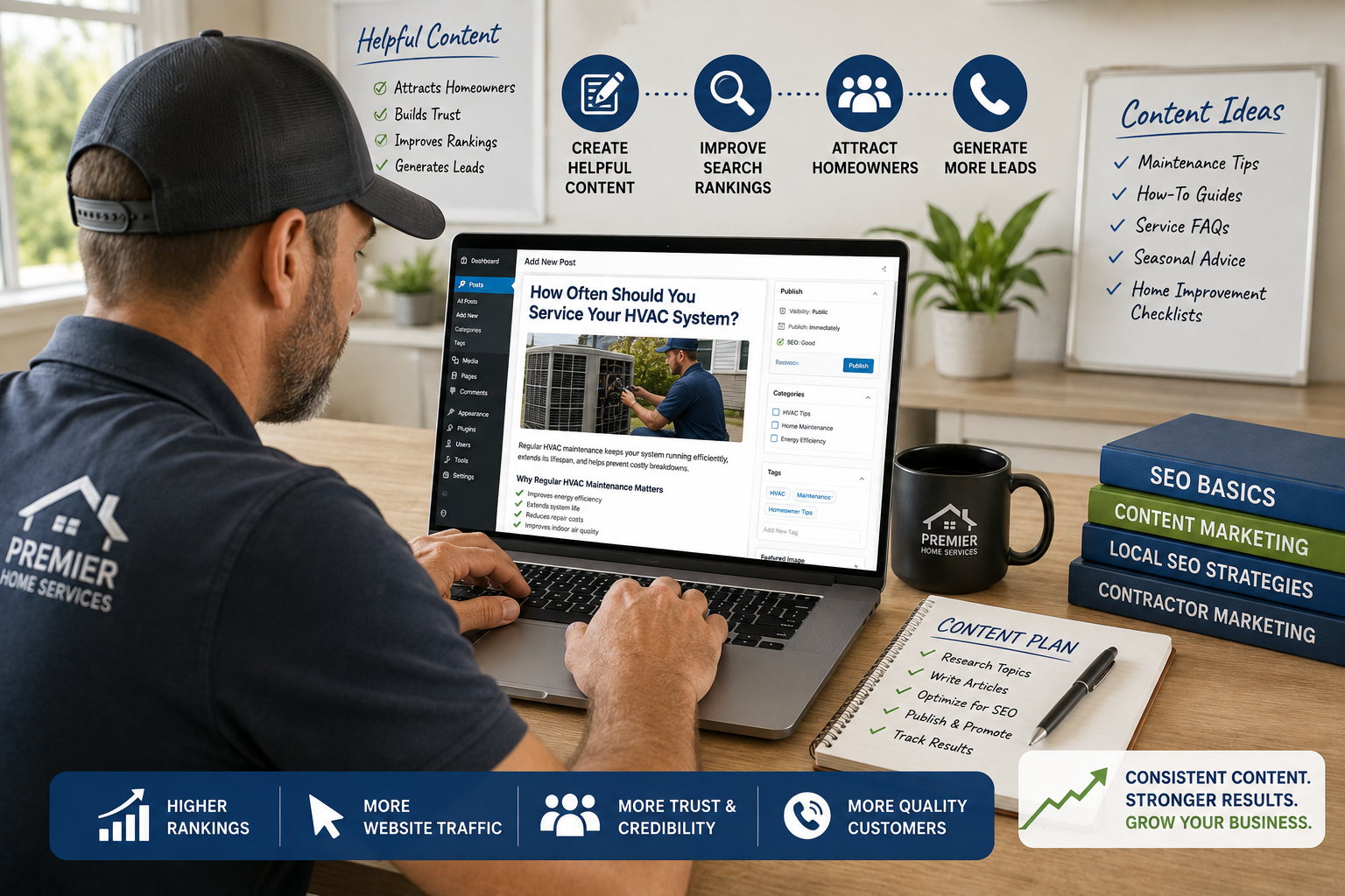 Contractor creating educational content for homeowners to improve search rankings and attract new customers.