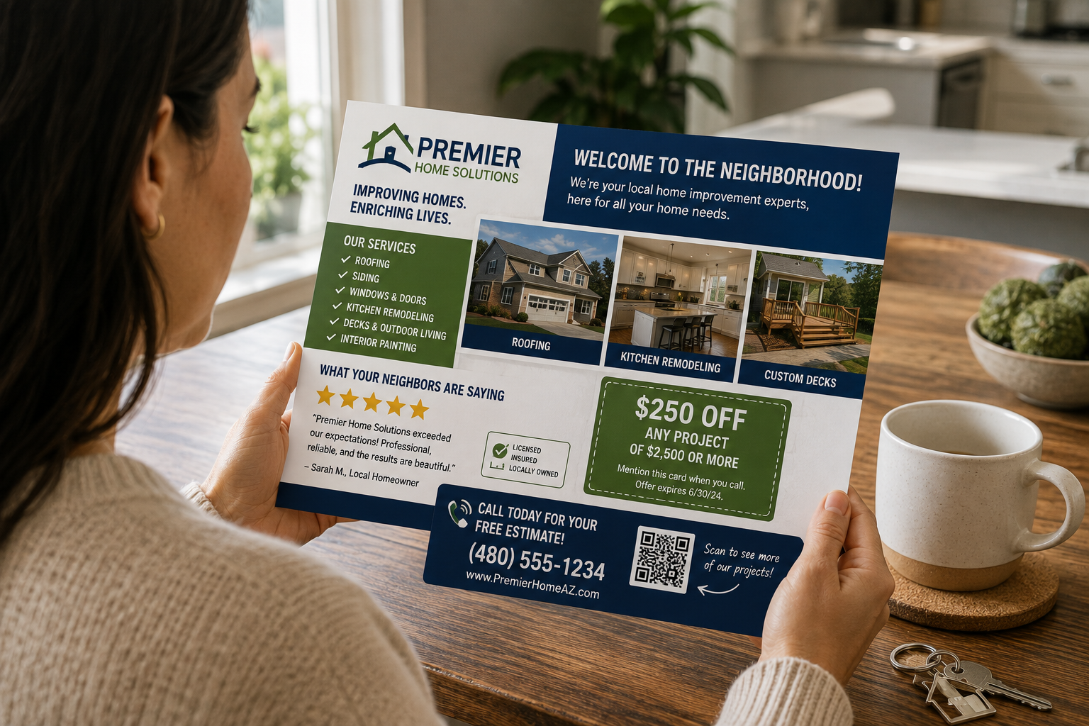 Recent homeowner reviewing a professionally designed contractor postcard featuring completed projects, customer reviews, and a clear call to action.