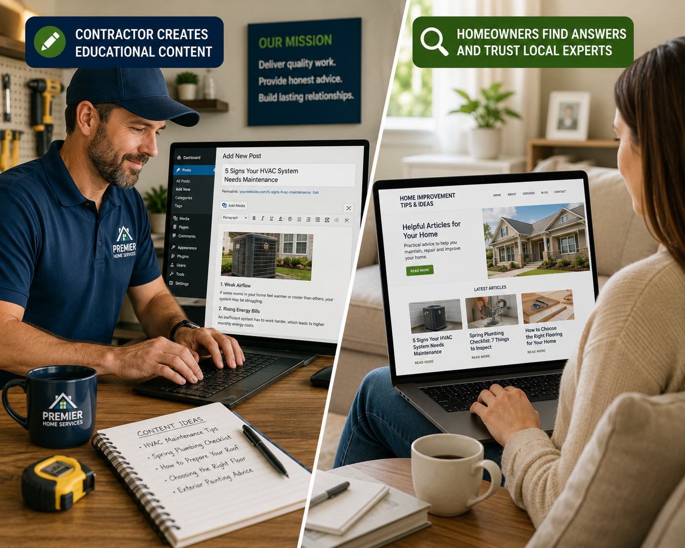 Contractor creating educational website articles while homeowners research home improvement projects online.