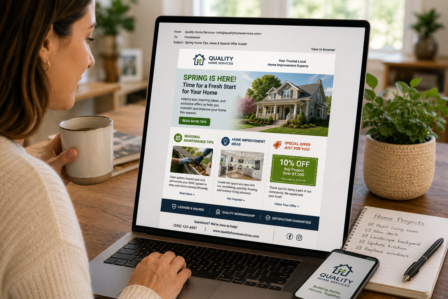 Homeowner reading a contractor's educational email newsletter featuring seasonal maintenance tips, home improvement ideas, and special offers.
