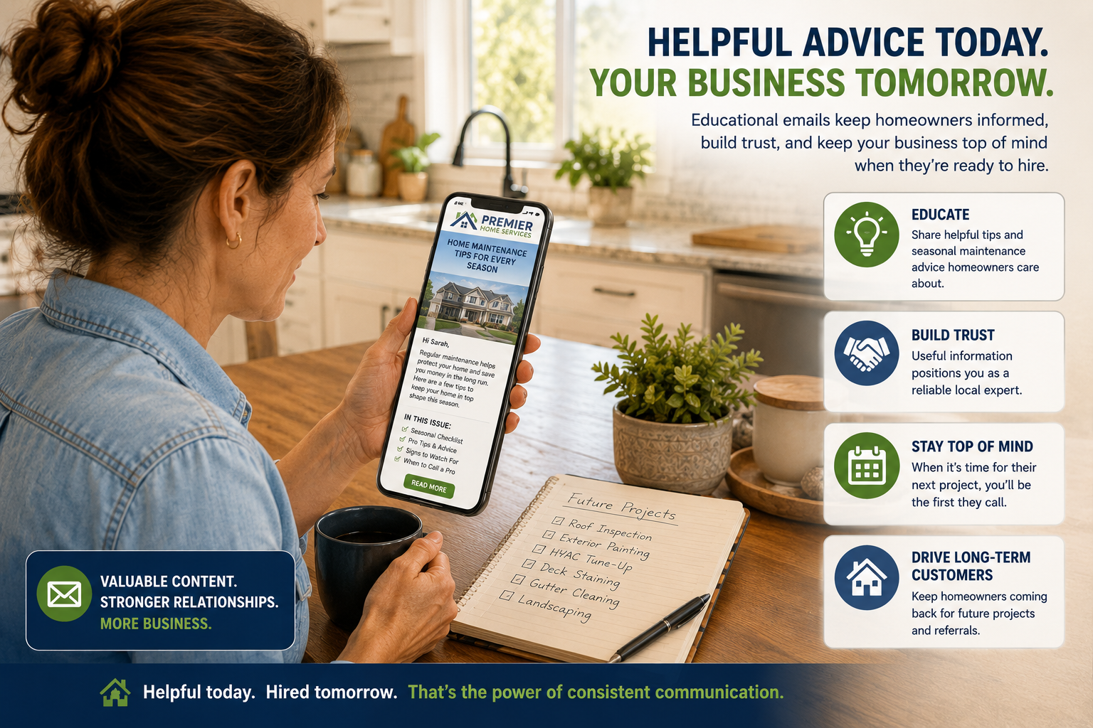 Homeowner reading a contractor's educational email newsletter while planning future home maintenance projects.