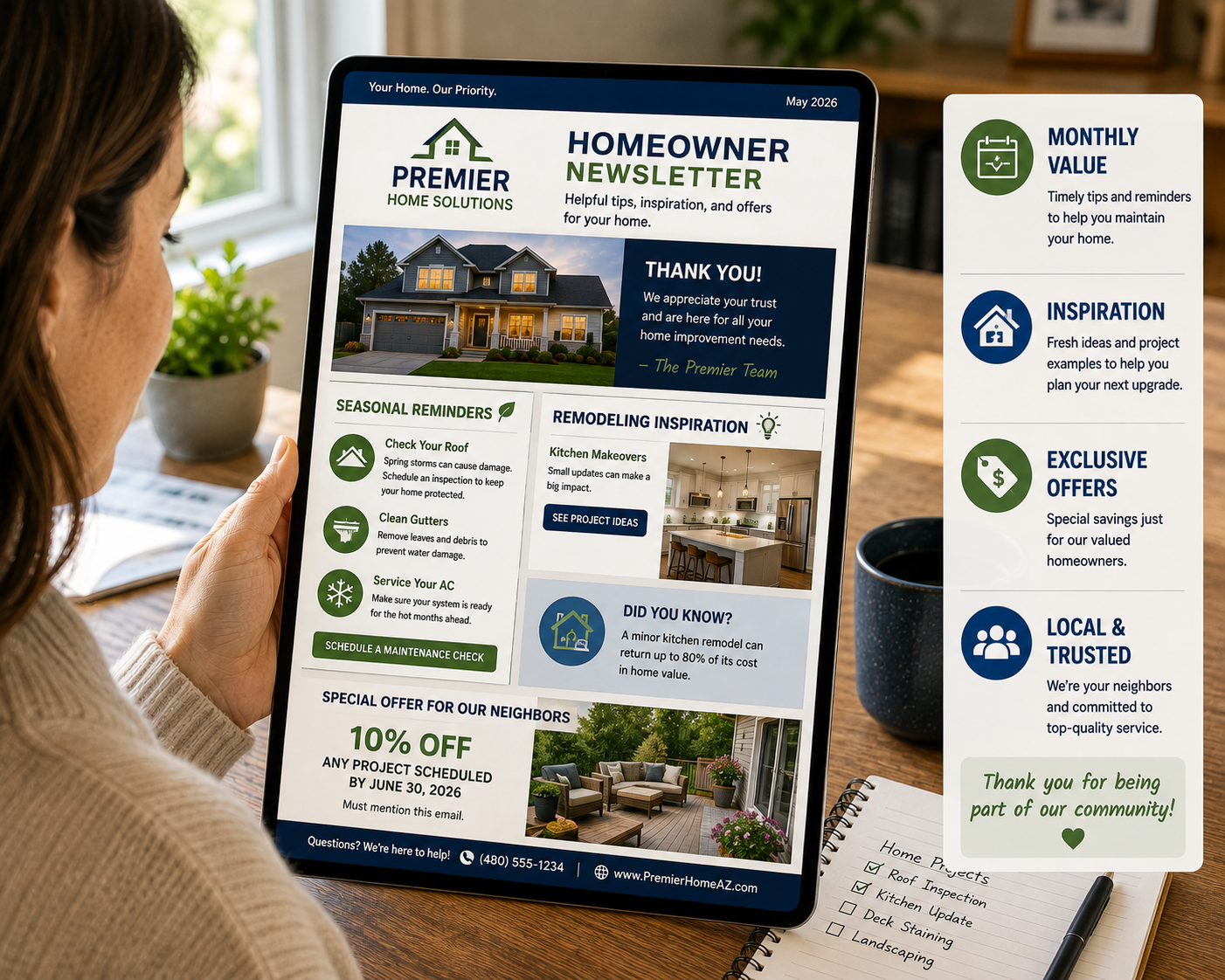 Homeowner reading a contractor's monthly email newsletter featuring seasonal maintenance reminders, remodeling inspiration, and homeowner tips.