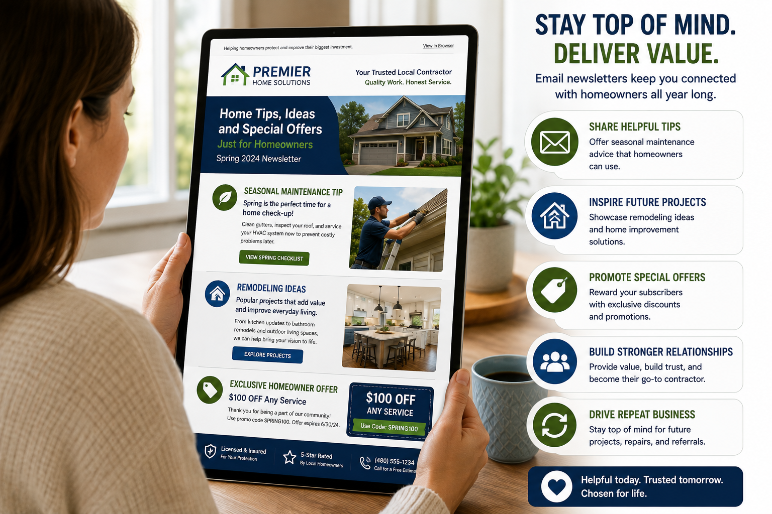Homeowner reading a contractor's educational email newsletter featuring seasonal maintenance tips, remodeling ideas, and special homeowner offers.