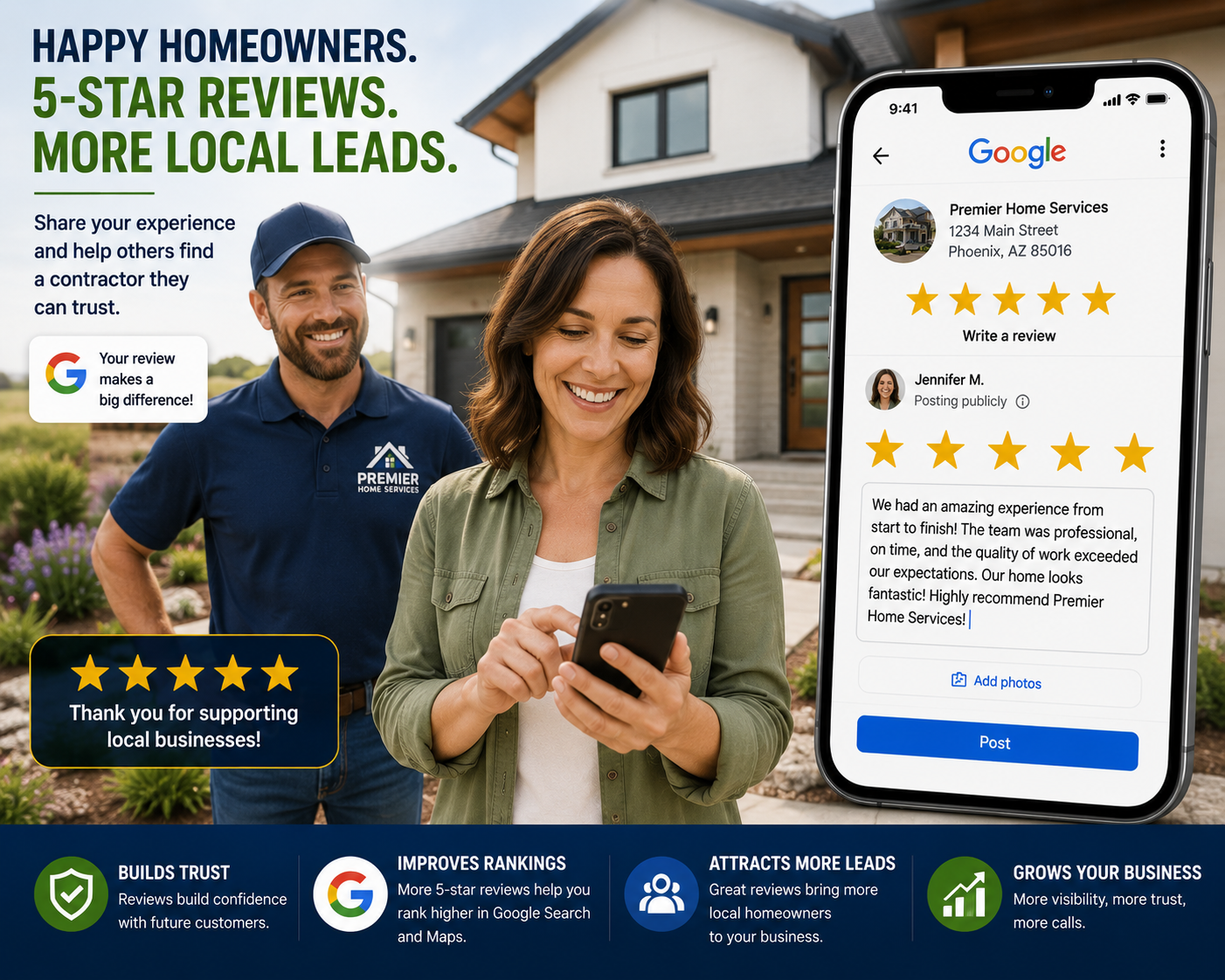 Happy homeowner leaving a five-star Google review for a contractor after a successful home improvement project.