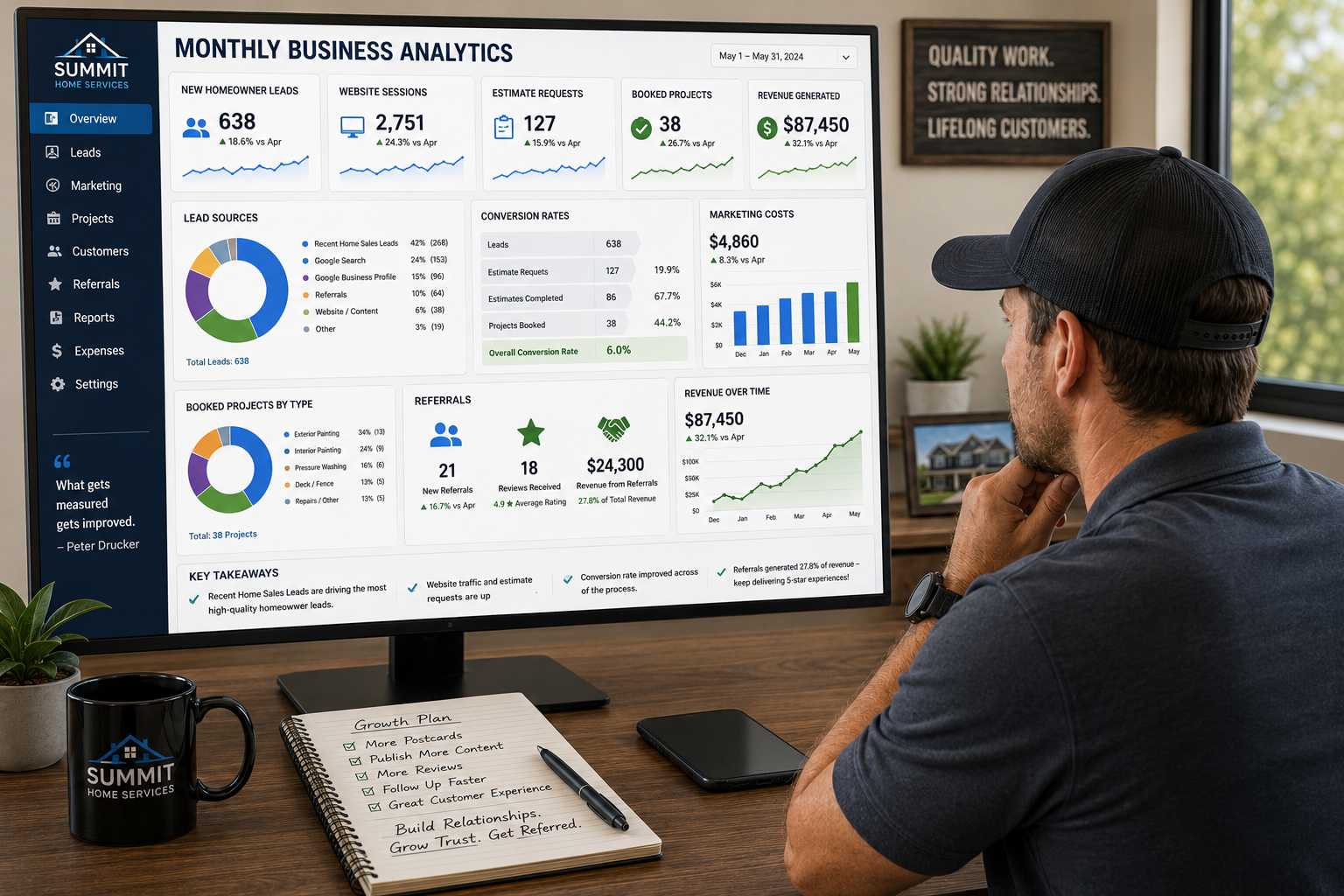 Contractor reviewing monthly business analytics showing homeowner lead sources, conversion rates, marketing costs, booked projects, referrals, and revenue growth.