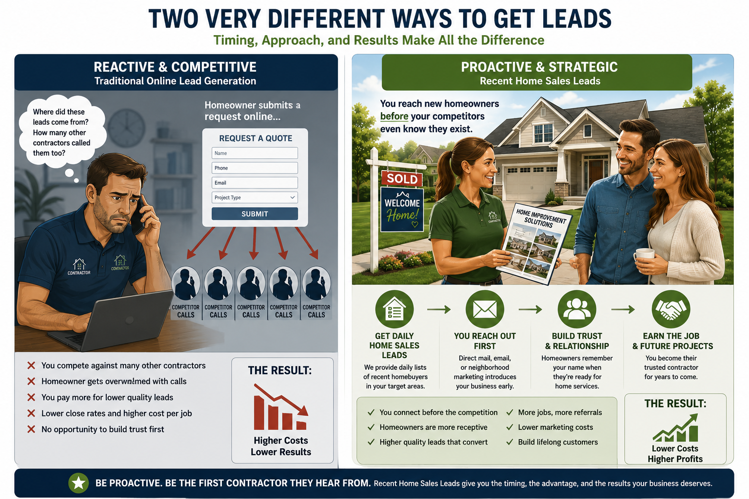 Illustration comparing competitive online lead generation with proactive marketing to recent homebuyers before competitors make contact.