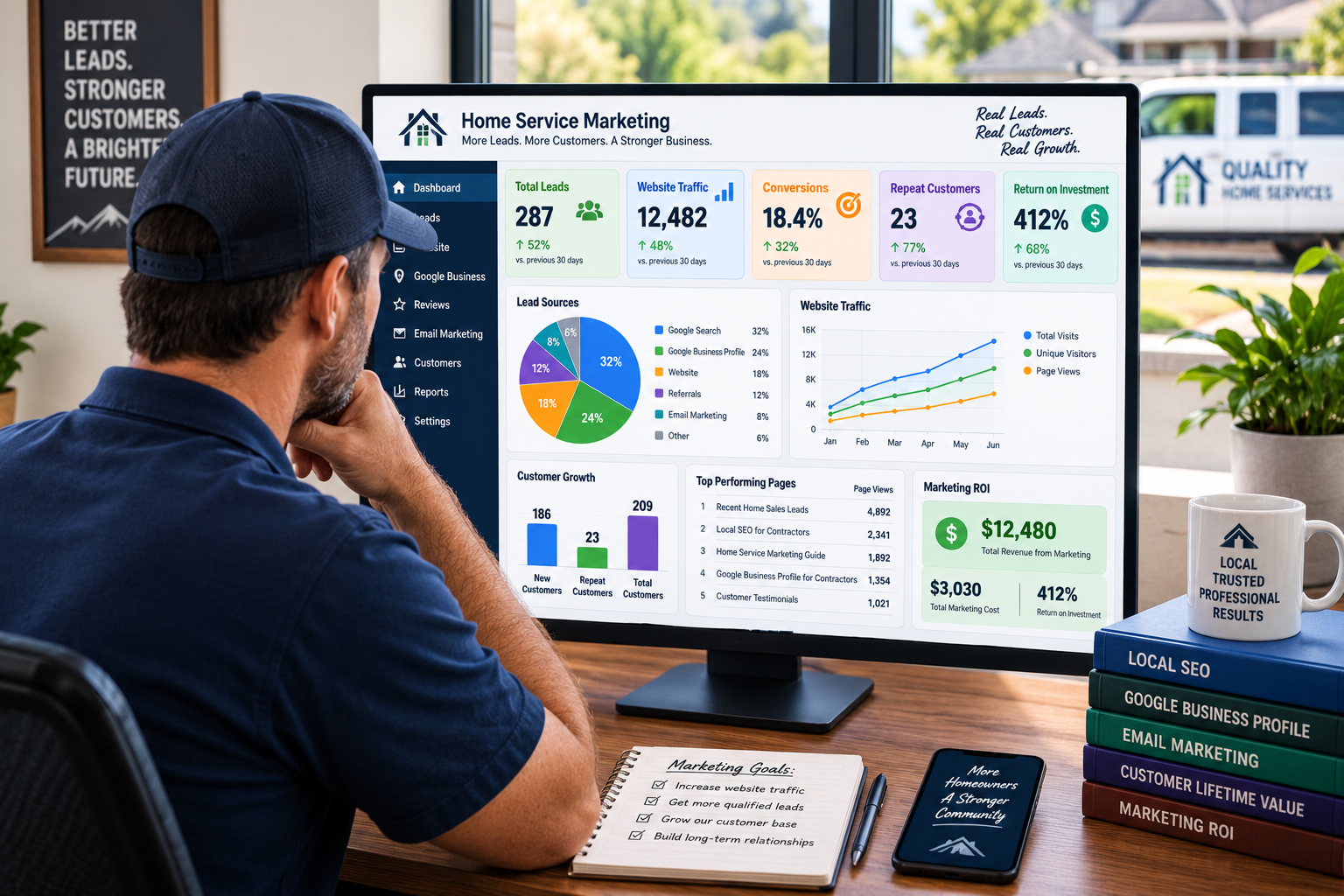 Contractor reviewing a marketing dashboard showing lead sources, website traffic, conversions, repeat customers, and return on investment.