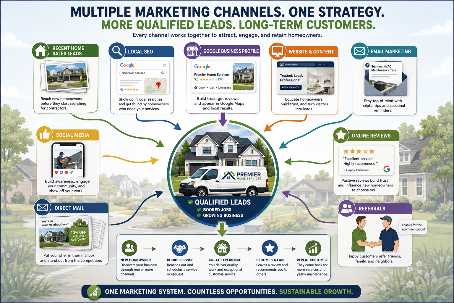 Illustration showing multiple contractor marketing channels working together to generate qualified homeowner leads and long-term customers.