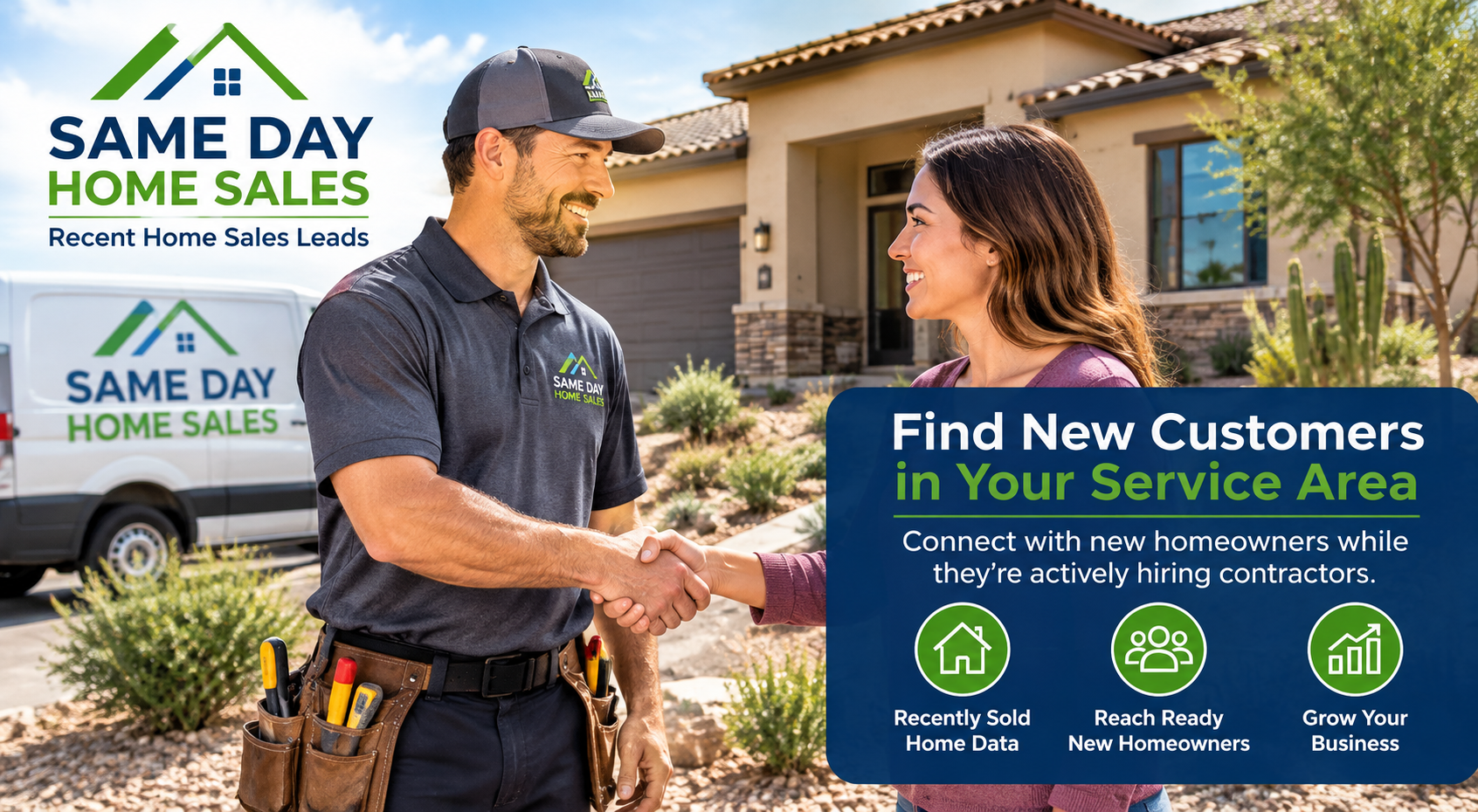 Contractor shaking hands with a new homeowner outside a recently purchased home, illustrating how Same Day Home Sales helps contractors connect with new homeowners using recent home sales leads.