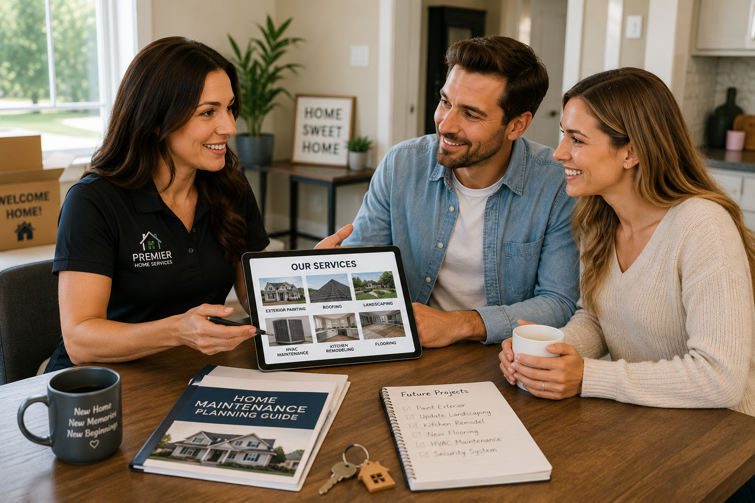 Professional contractor meeting with new homeowners shortly after closing to discuss future maintenance and home improvement services.
