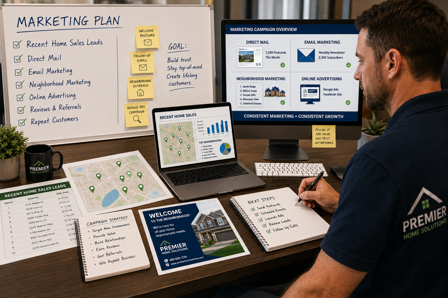 Professional contractor reviewing recent home sales leads while planning direct mail, email marketing, neighborhood marketing, and online advertising campaigns.