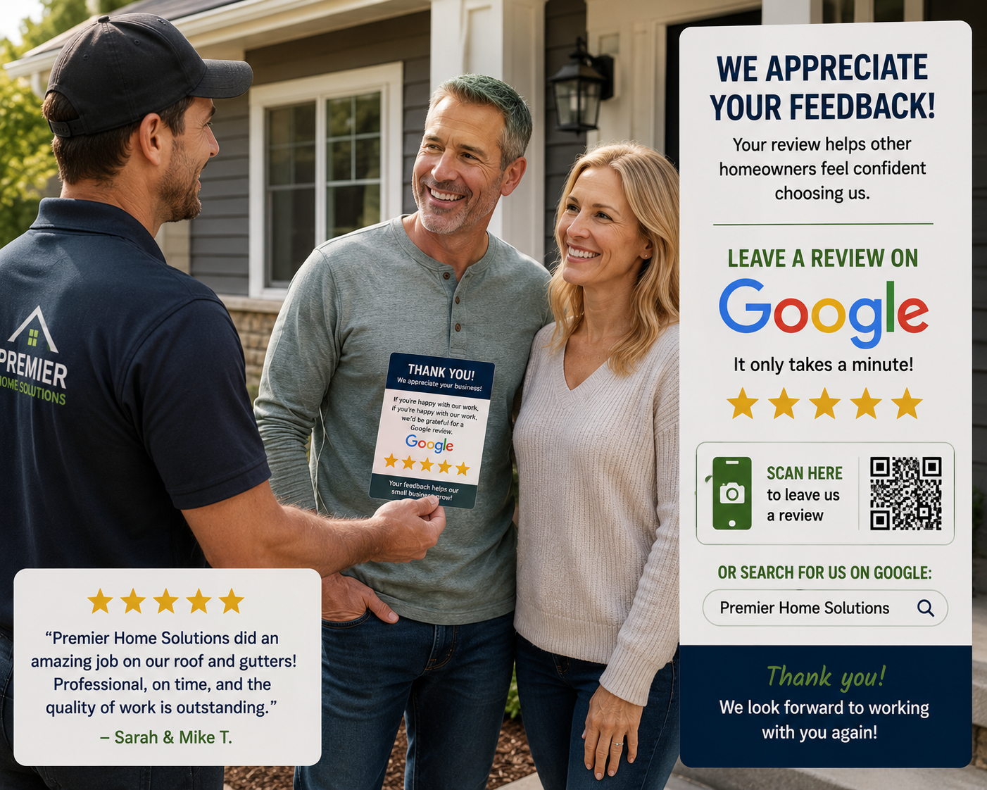 Contractor politely asking satisfied homeowners to leave a Google review after completing a successful home improvement project.