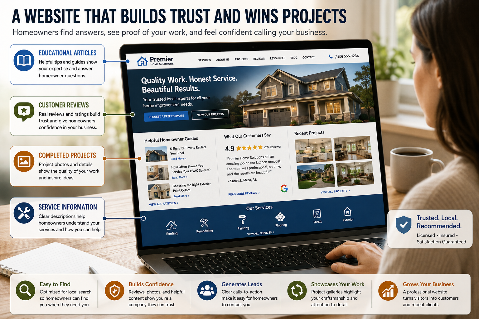 Professional contractor website featuring educational articles, customer reviews, completed projects, and service information while homeowners research home improvement companies.