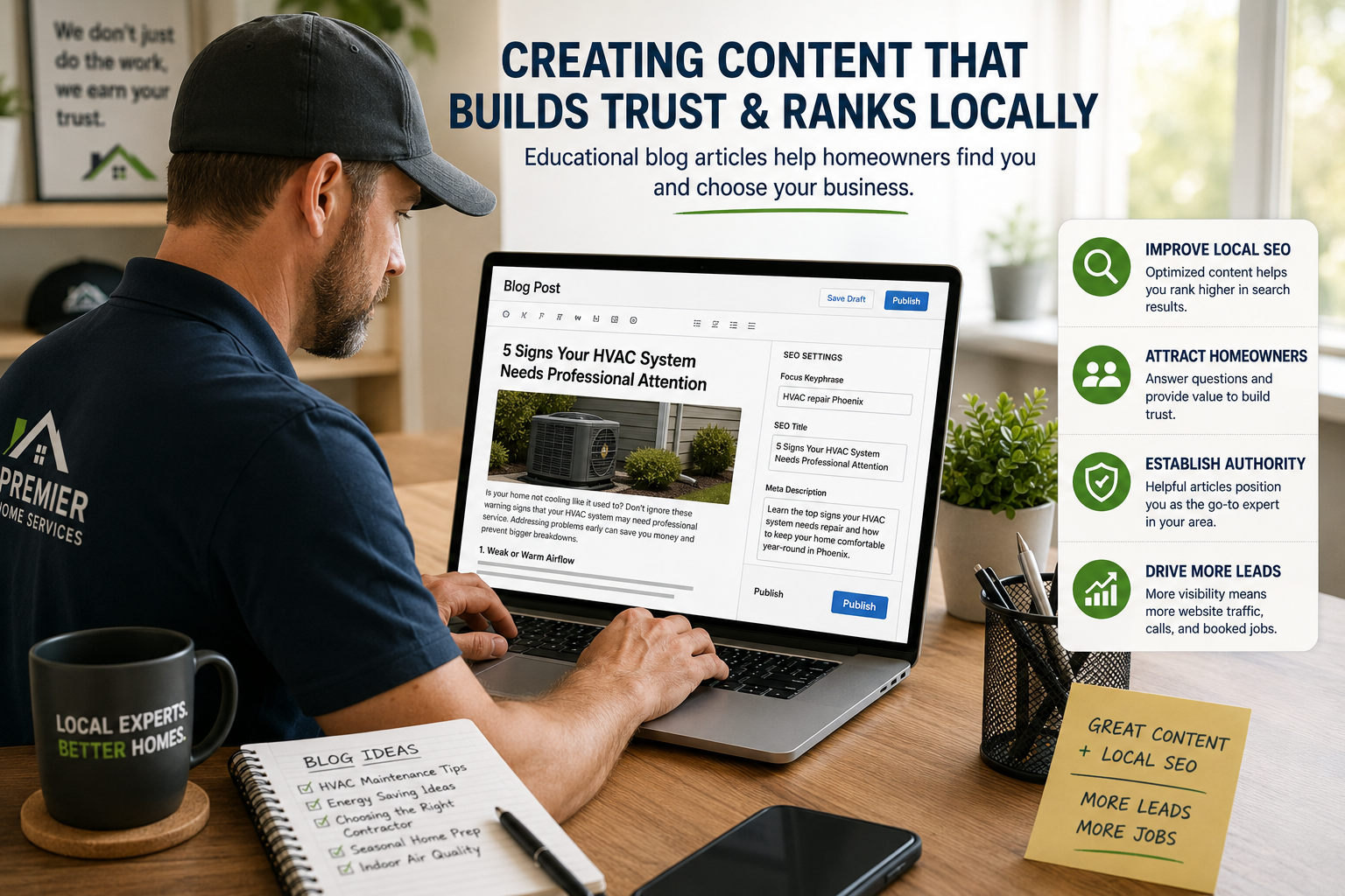 Contractor creating educational blog articles designed to improve local SEO and attract homeowners searching online.