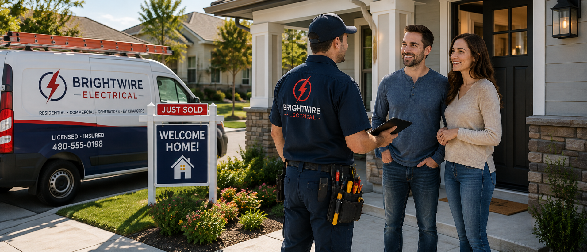 Professional electrician arriving at a recently purchased home to discuss electrical upgrades with new homeowners.