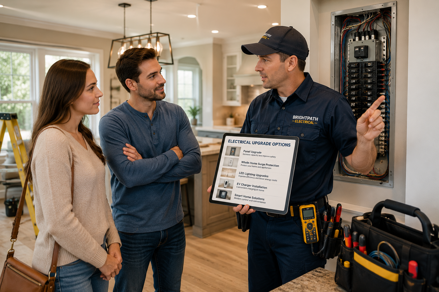 Professional electrician explaining residential electrical upgrade options to homeowners shortly after they purchase their new home.