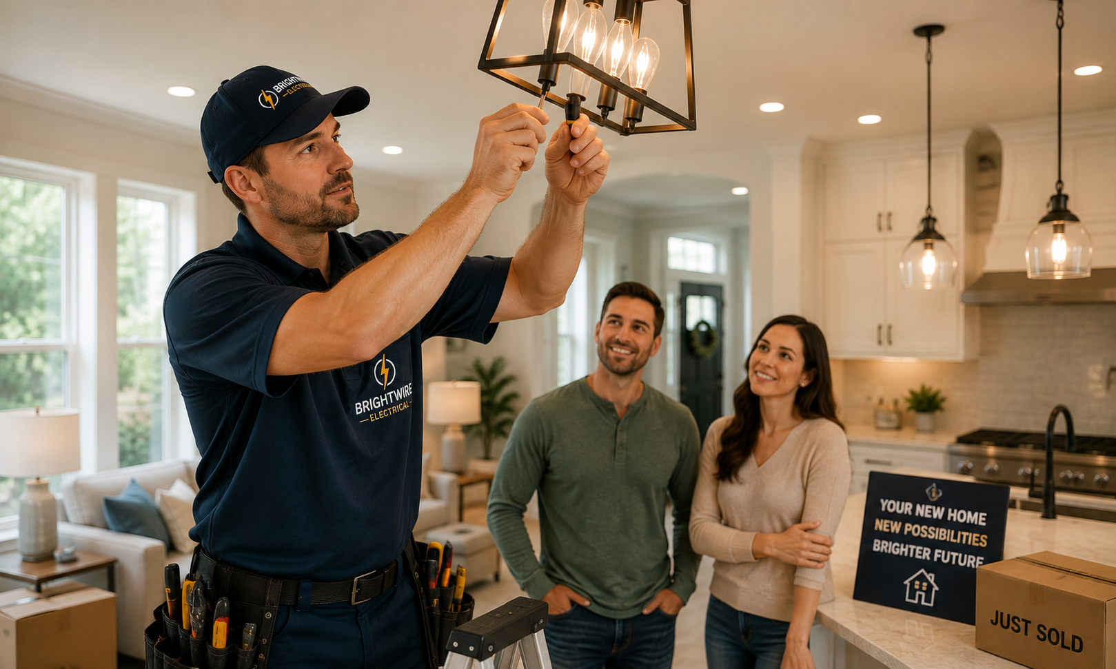 Professional electrician installing modern lighting in a recently purchased home.