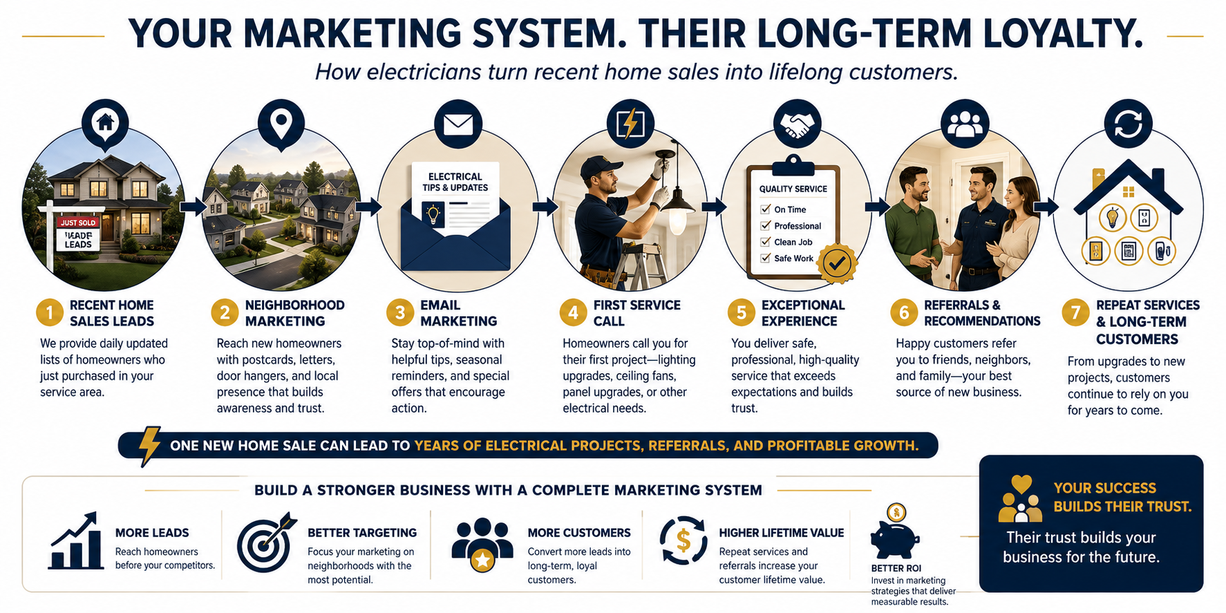 Infographic illustrating how Recent Home Sales Leads, Neighborhood Marketing, Email Marketing, referrals, and repeat electrical services work together to create long-term customers.