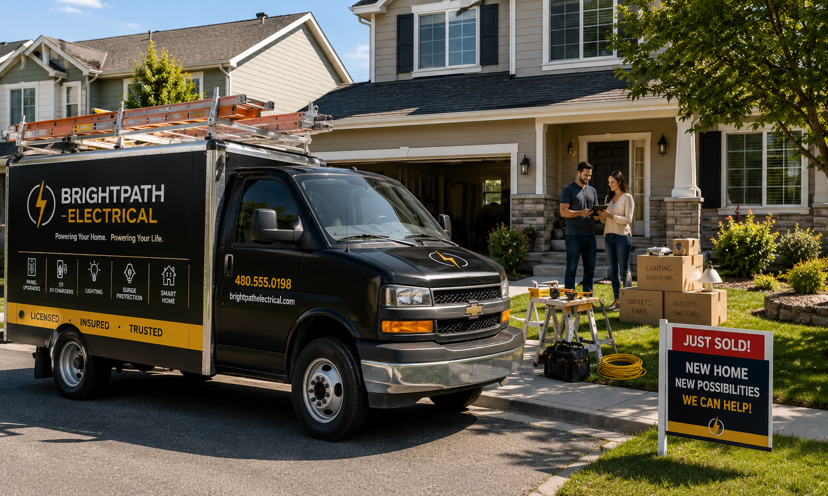 Branded electrician service truck arriving at a recently purchased home while homeowners prepare for electrical upgrades and improvements.