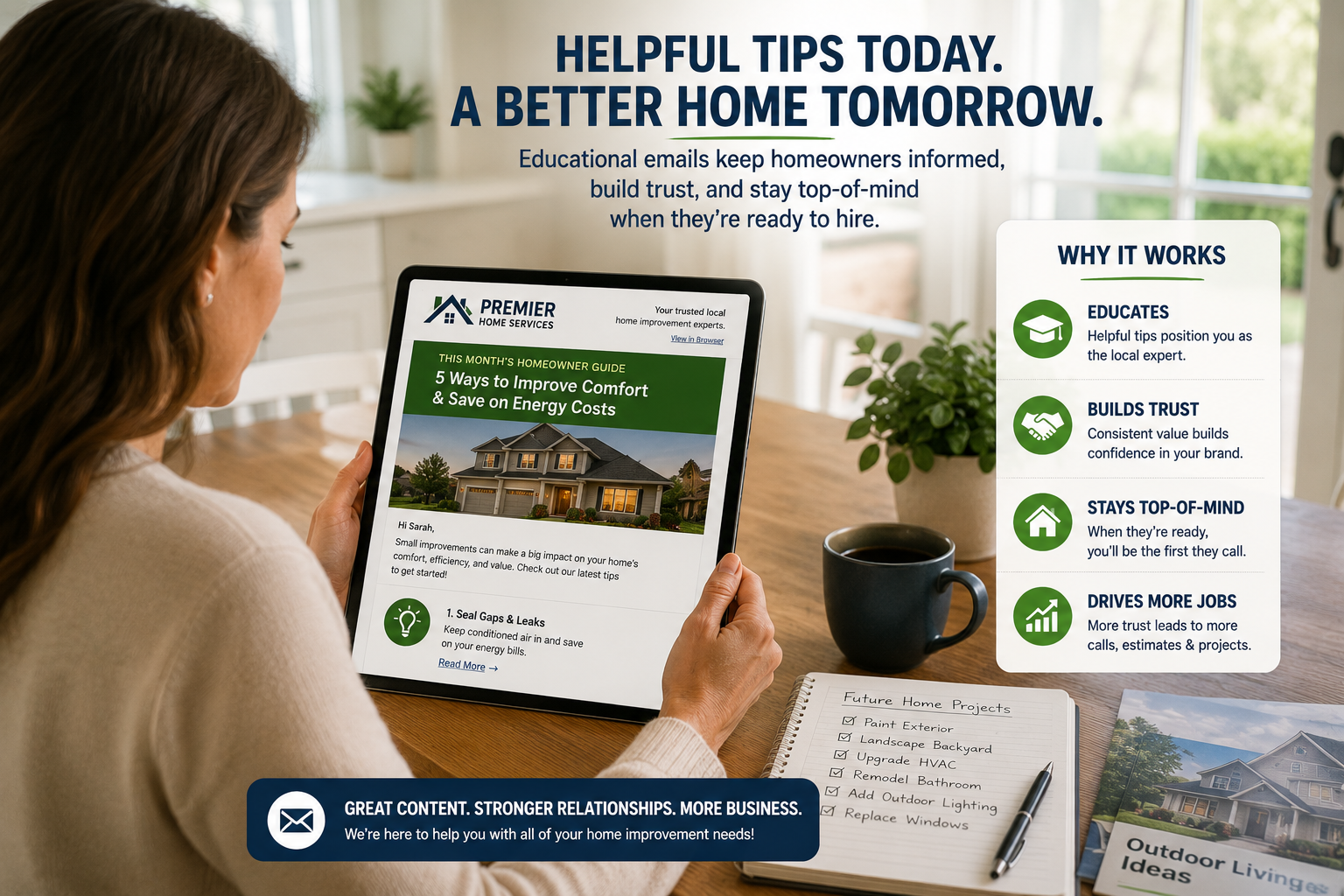 Homeowner reading a contractor's educational email newsletter on a tablet while planning future home improvements.