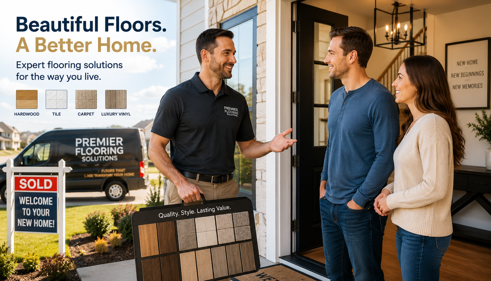 Professional flooring consultant arriving at a recently purchased home to discuss hardwood flooring, tile, carpet, and luxury vinyl flooring with new homeowners.