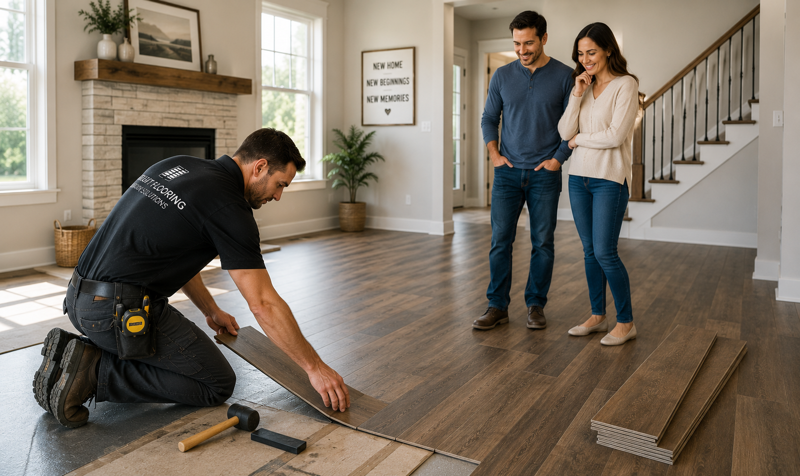 Professional flooring installer installing luxury vinyl plank flooring in a recently purchased home while homeowners observe the transformation.