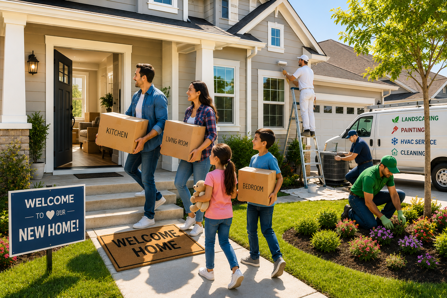 Happy family moving into a recently purchased home while landscaping, painting, HVAC, and house cleaning contractors prepare the property, illustrating the services new homeowners commonly need.