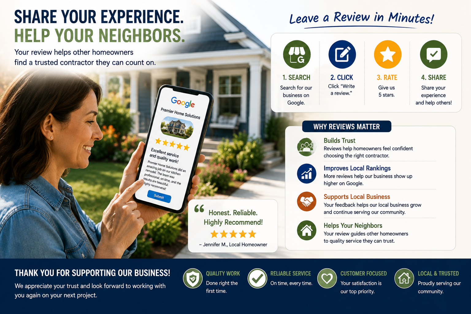 Happy homeowner leaving a five-star Google review after a successful home improvement project while recommending a trusted contractor.
