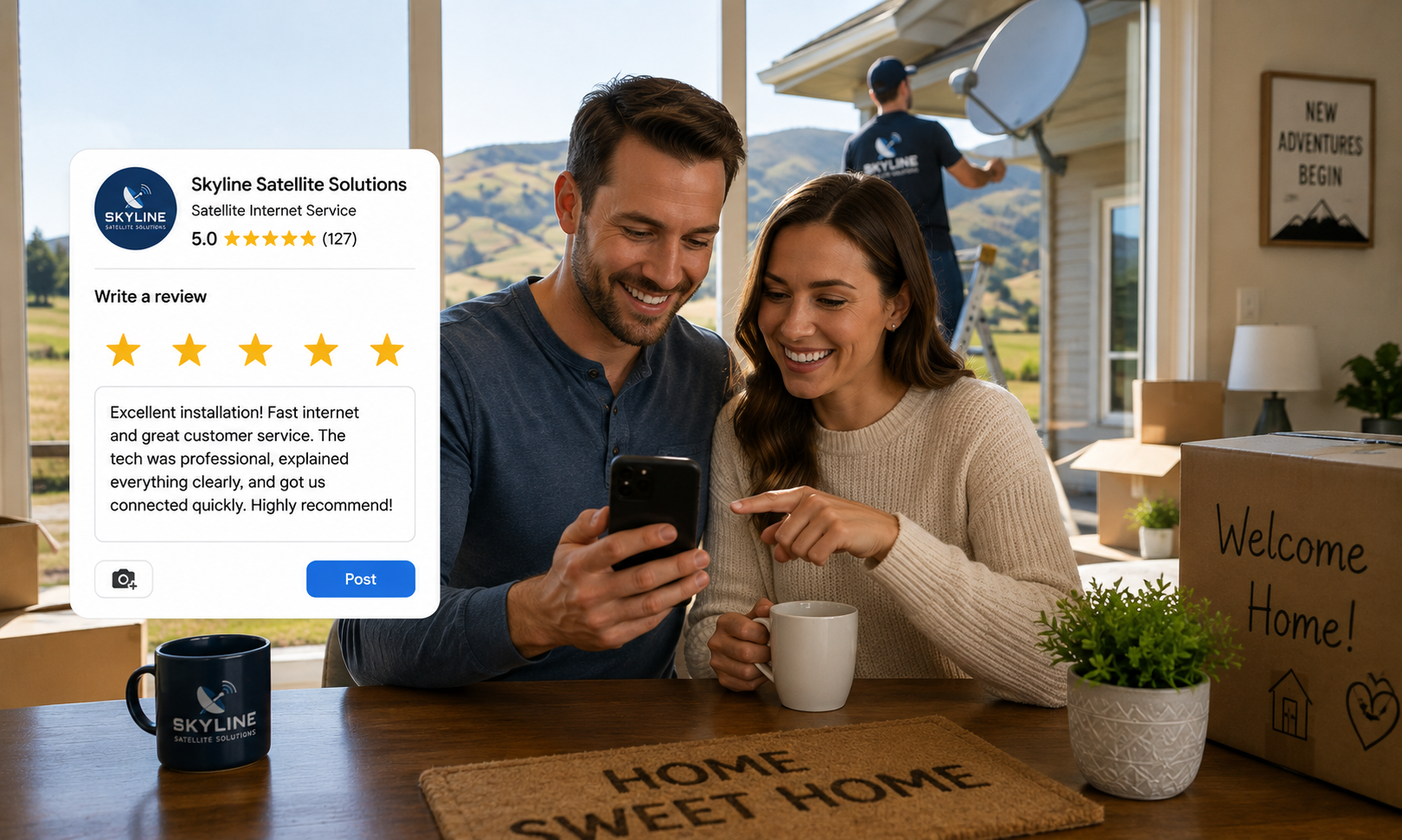 happy-homeowner-satellite-review Happy new homeowners leaving a five-star online review after a professional satellite internet installation at their recently purchased rural home.