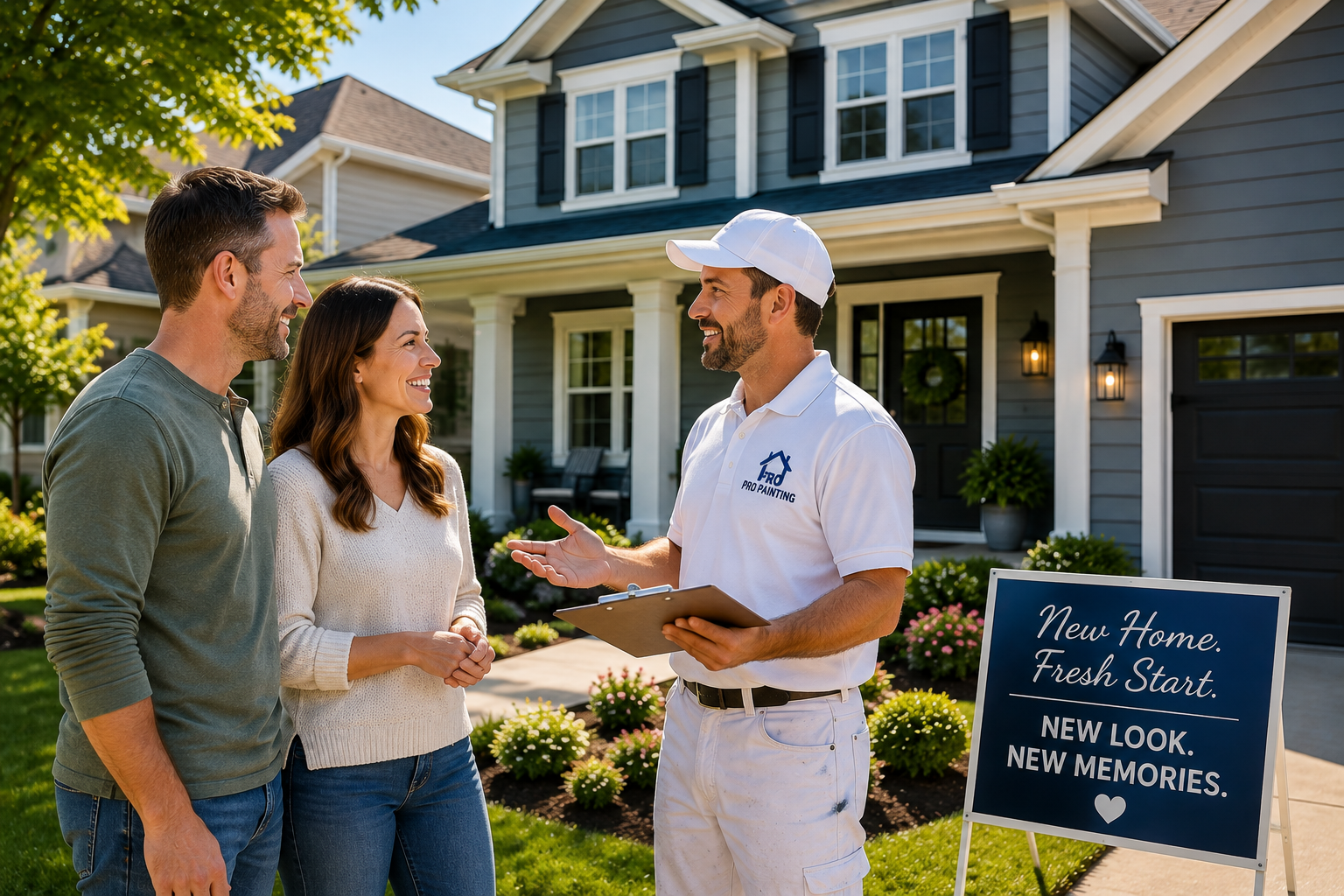 Family standing in front of their freshly painted home while speaking with a professional residential painting contractor.