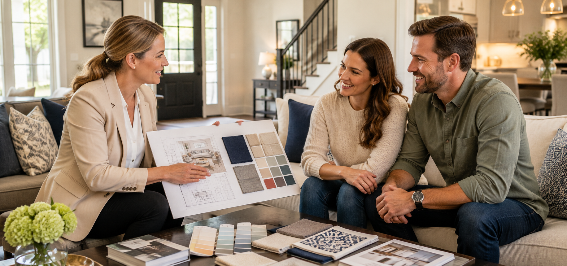 Professional interior decorator discussing furniture layouts, fabrics, and decorating ideas with homeowners who recently purchased a new home.