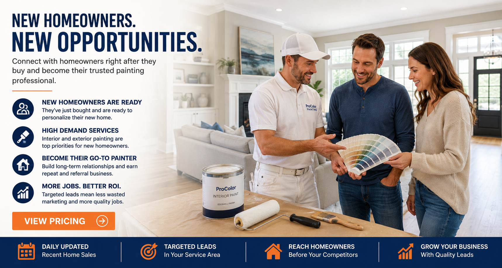 Professional residential painter discussing interior painting colors with homeowners who recently purchased their new house.