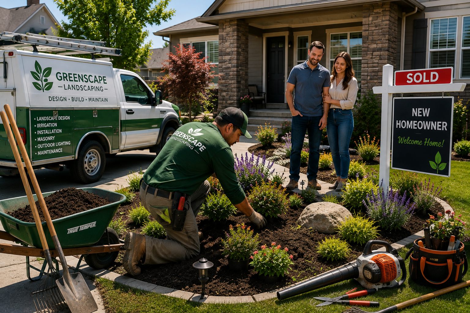 Professional landscaper installing new landscaping in front of a recently purchased home while happy new homeowners watch, with a branded landscaping service truck and professional tools visible to showcase landscaping services for recent home sales marketing.