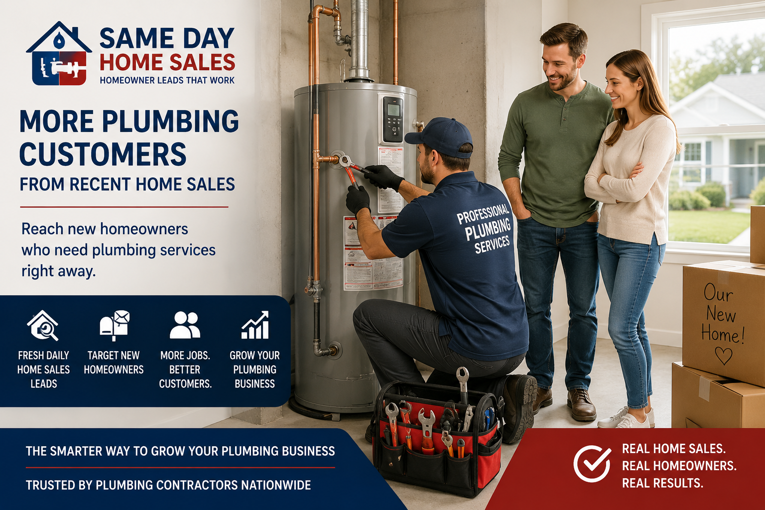 Professional plumber installing a water heater in a recently purchased home using Same Day Home Sales homeowner leads.