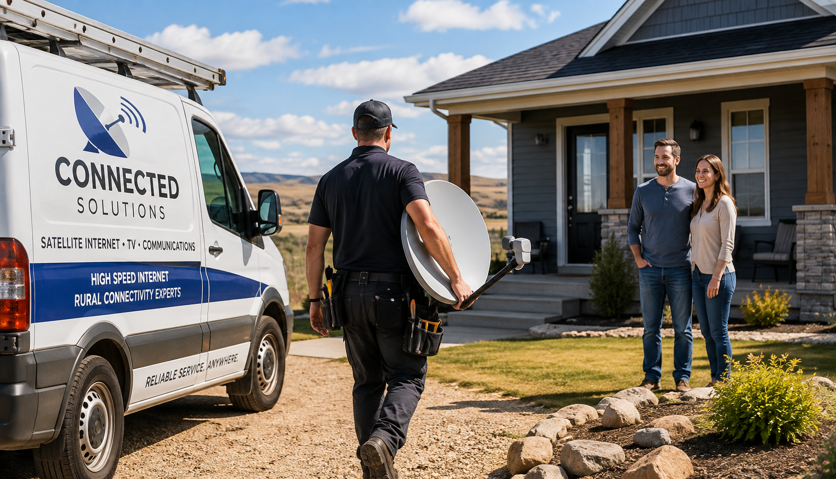 home-sales-leads-satellite-companies-hero Professional satellite installation technician arriving at a recently purchased home with a service vehicle while preparing to install a satellite internet system for new homeowners.