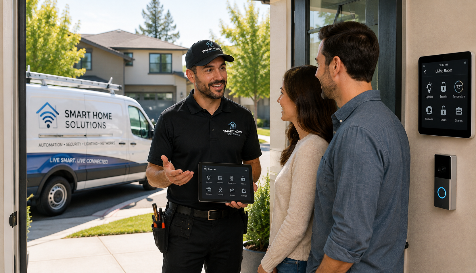 Professional smart home installation technician meeting with new homeowners at their front door while demonstrating an integrated home automation system, with a branded service vehicle parked in the driveway.