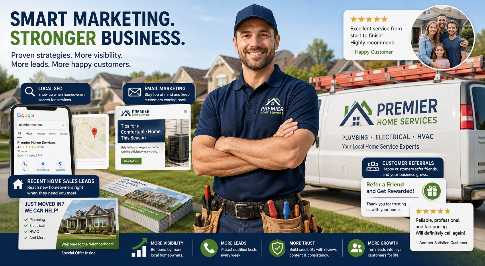 Professional home service contractor using multiple marketing strategies including local SEO, email marketing, recent home sales leads, and customer referrals to grow a successful business.