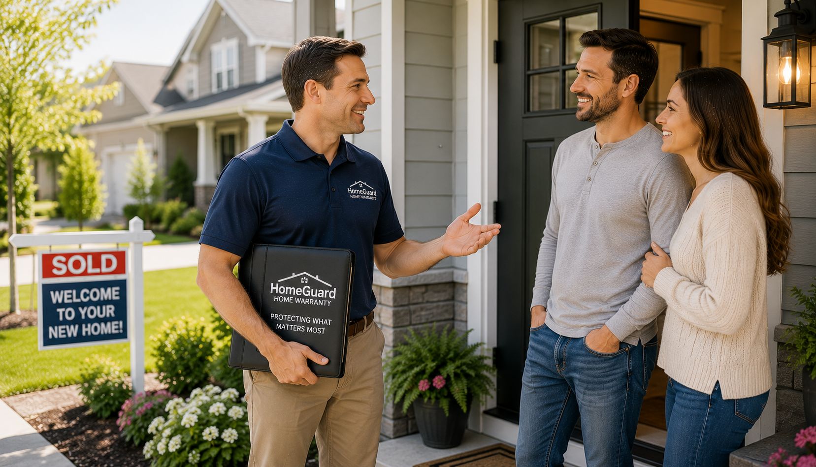 home-warranty-home-sales-leads-hero Professional home warranty consultant arriving at a recently purchased home to discuss home warranty protection plans with new homeowners.