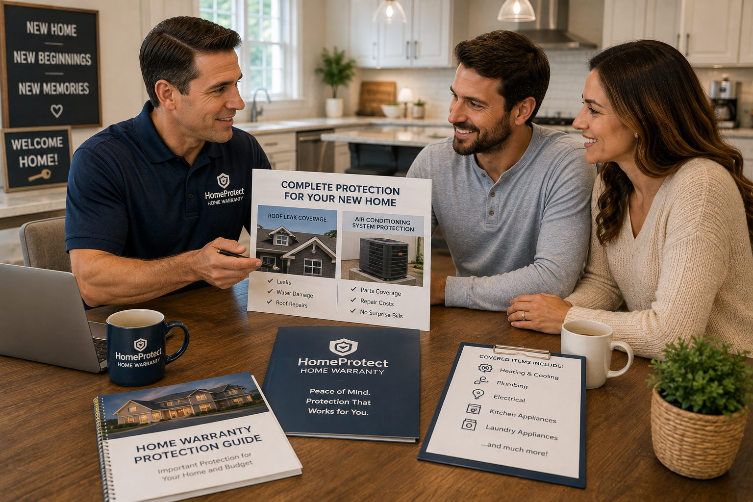 home-warranty-homeowner-consultation Professional home warranty consultant meeting with homeowners at their kitchen table to review home warranty protection plans shortly after purchasing their new home.