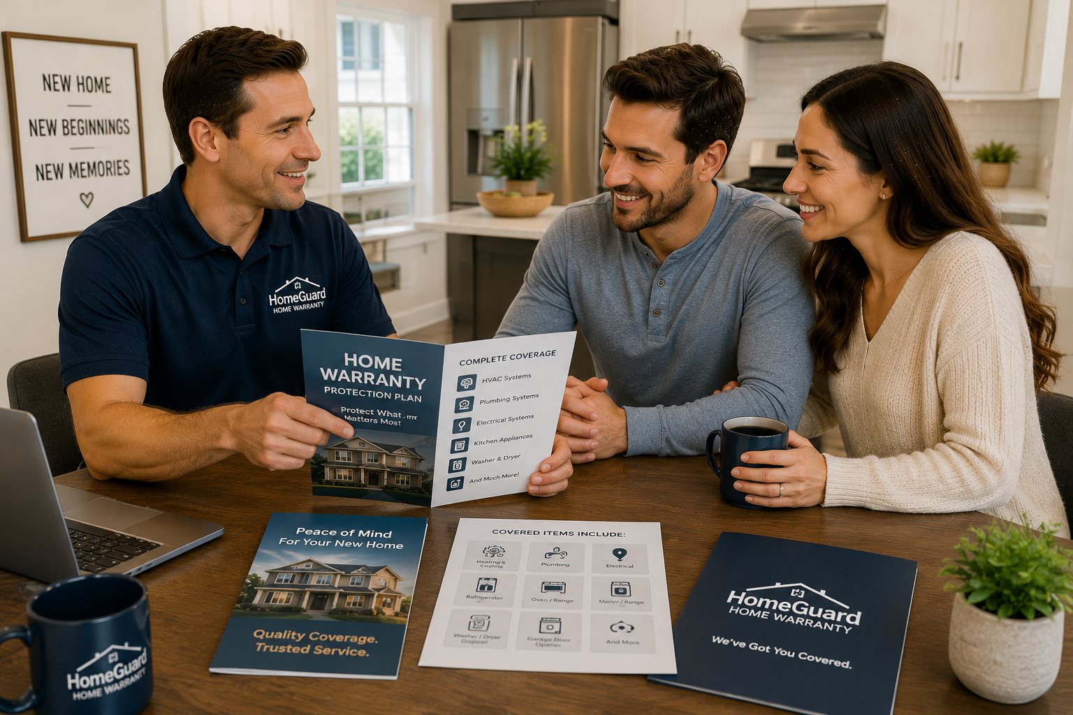 home-warranty-protection-review Professional home warranty consultant reviewing home protection coverage with new homeowners shortly after purchasing their home.