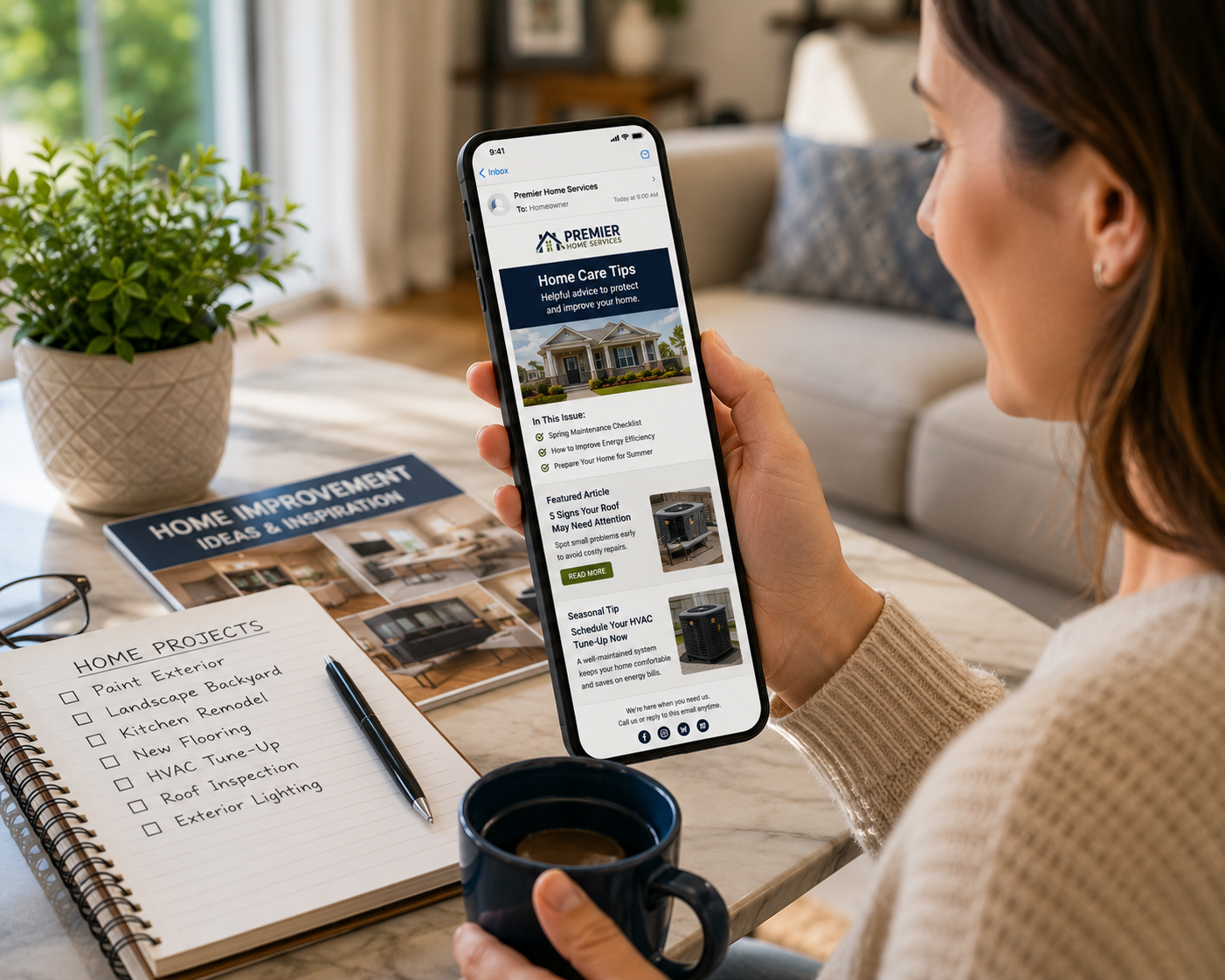 Homeowner reading a contractor's educational email newsletter while planning future home maintenance and improvement projects.